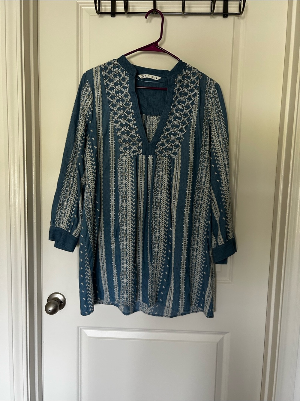 Zara Teal and Ivory Embroidered V-Neck Tunic